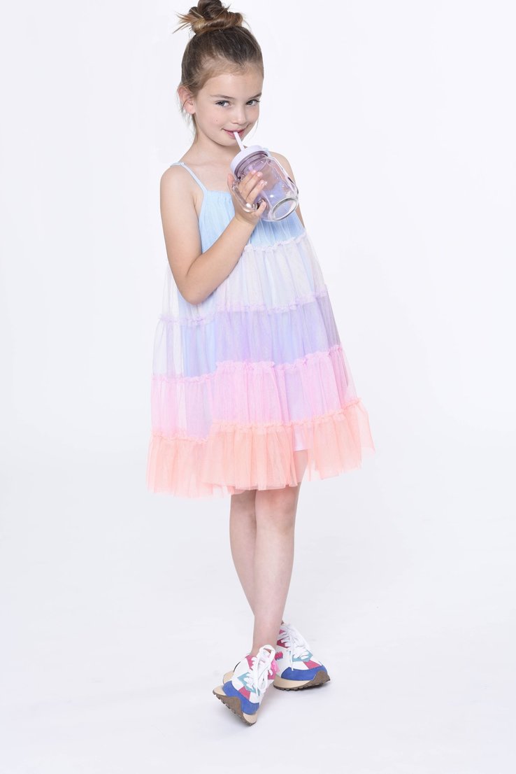 Multicolored mesh dress, jersey lining, thin strap